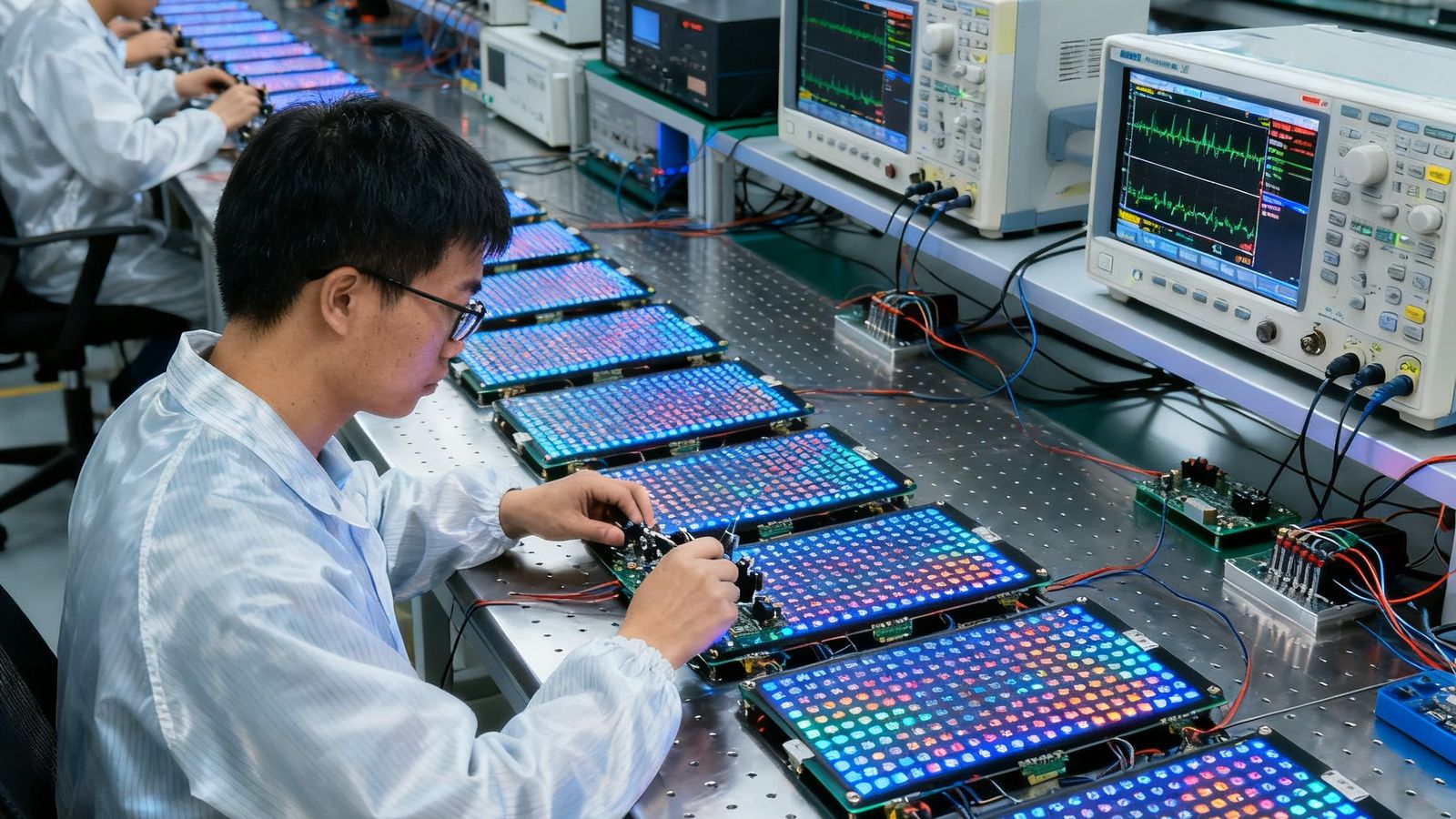 DG视讯深圳总部研发实验室内景，多名工程师身着防静电服正在精密调试新一代LED显示模组，工作台上排列着数十块待测模组，示波器和光谱分析仪屏幕显示着实时数据
