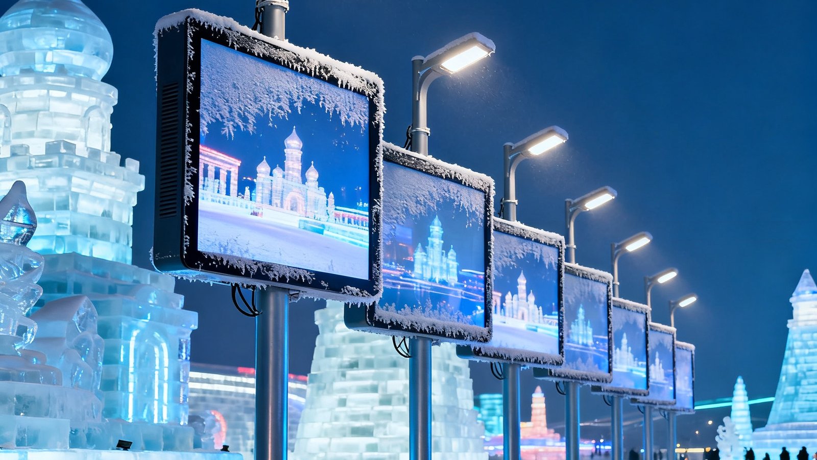 哈尔滨冰雪大世界园区内成排的智慧灯杆屏在零下30度环境中正常运行，屏幕表面结着薄霜但显示内容清晰，灯杆顶部照明灯照亮了周边的冰雕作品