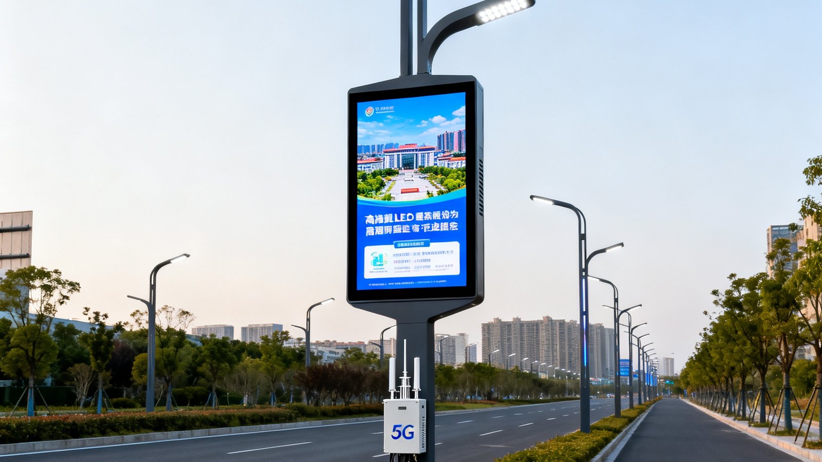 城市主干道旁一排智慧灯杆屏实景拍摄，灯杆顶部集成LED照明灯，中部为高清LED显示屏正播放市政信息，底部设有5G微基站模块，整体设计简洁现代