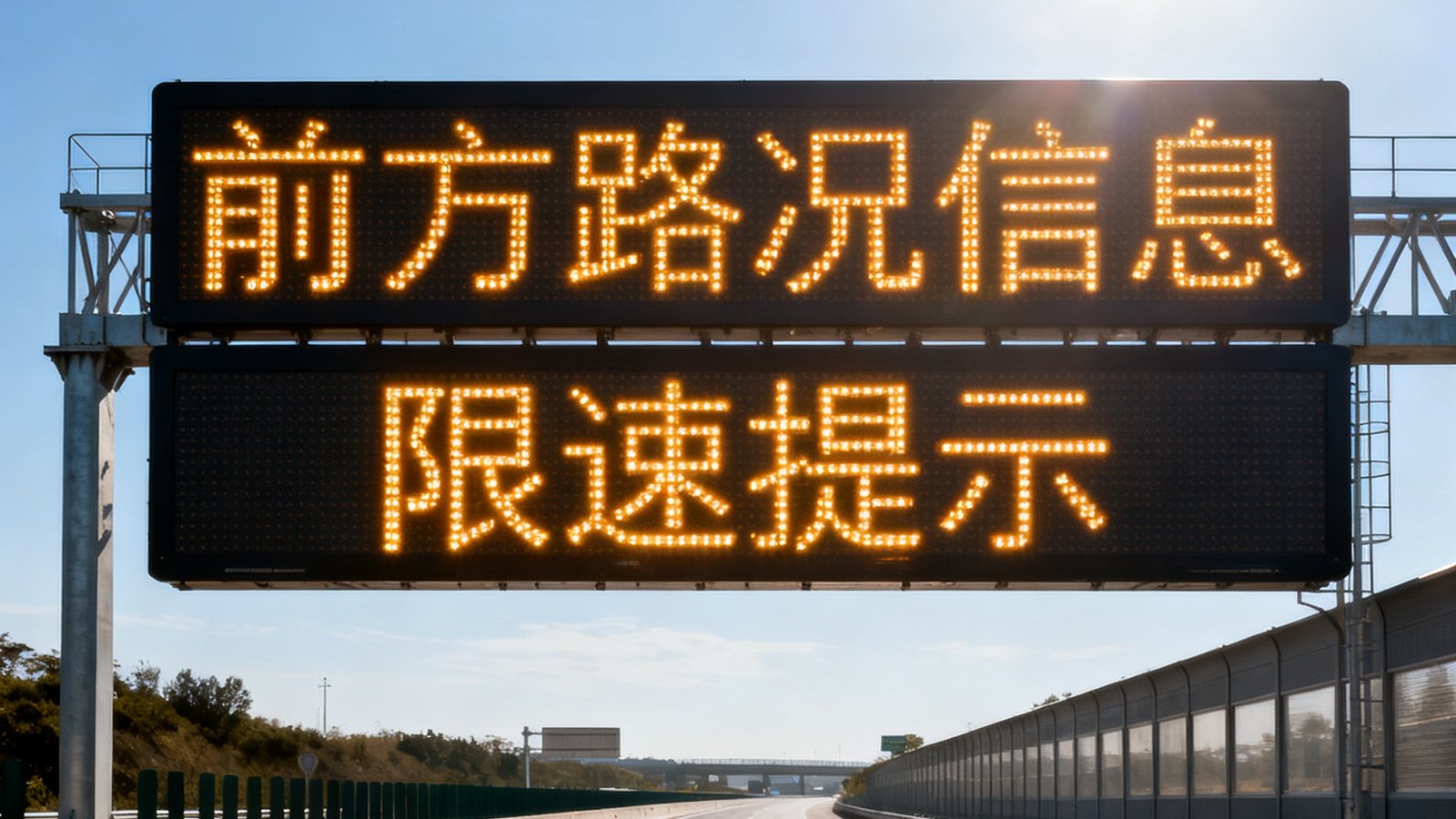高速公路龙门架上安装的大型交通诱导LED显示屏，正以高亮琥珀色文字显示前方路况信息和限速提示，天空晴朗阳光强烈但屏幕内容依然清晰可辨
