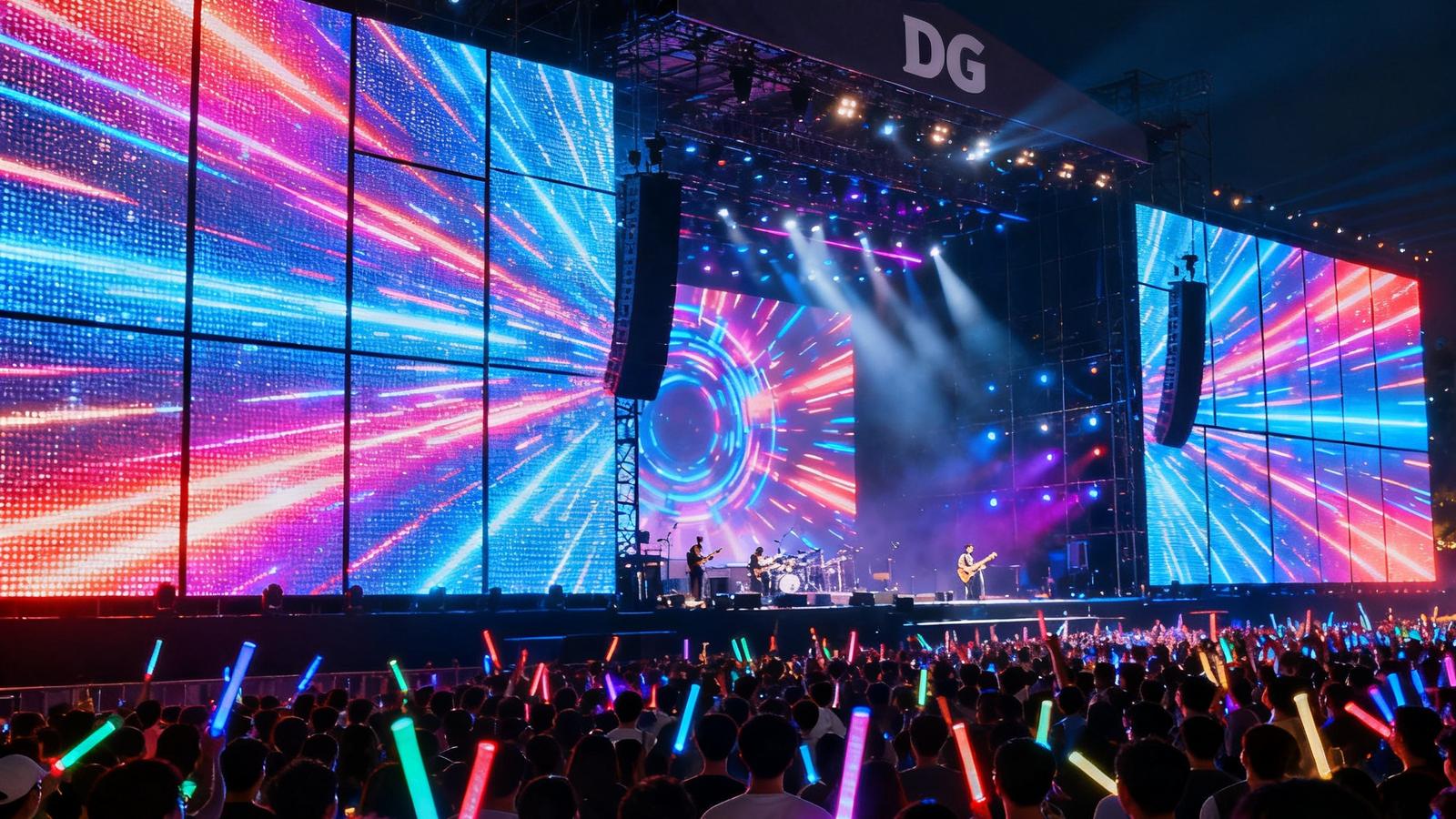 万人级户外音乐节现场，舞台后方搭建了由DG视讯租赁屏组成的巨型LED屏幕墙，正在播放配合音乐节奏的视觉特效，炫酷灯光与高清视频画面交相辉映，现场观众挥舞荧光棒